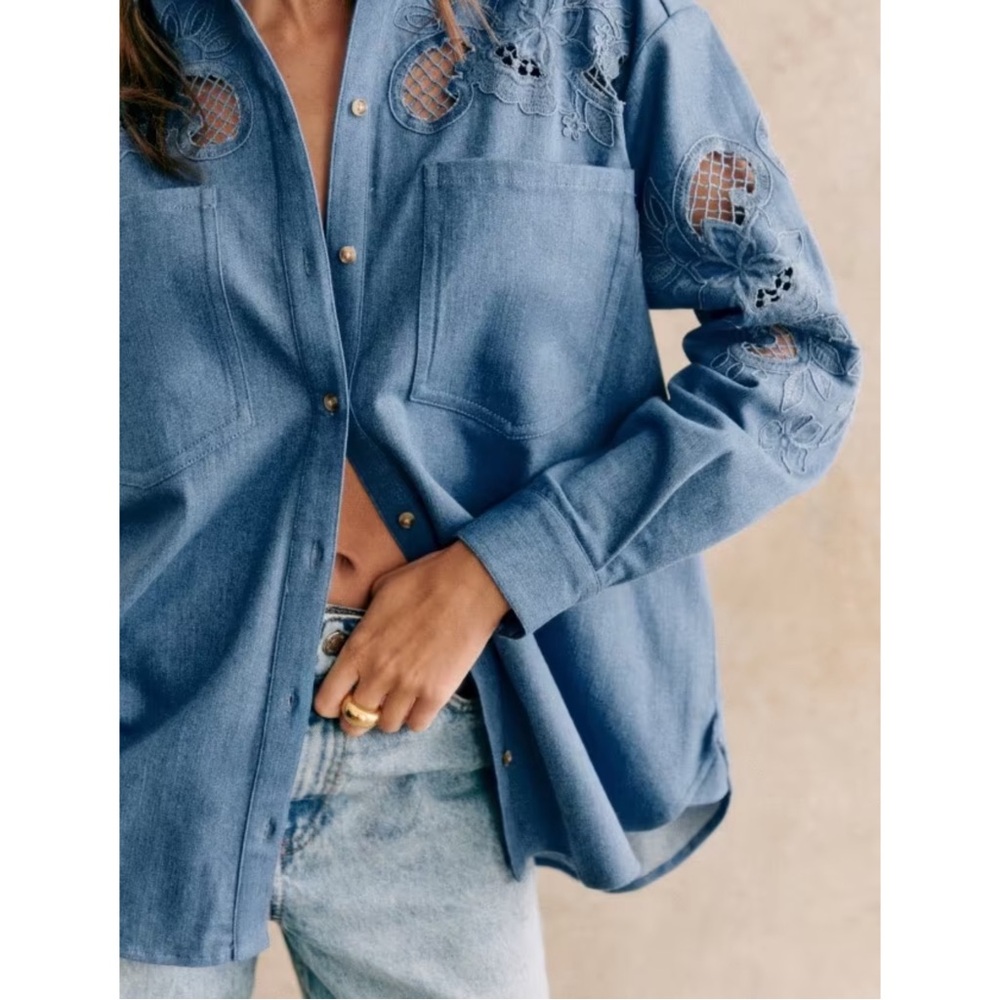 SEZANE NWT Ecru Floral Embroidered Cut Out Oversized Button Down Naora Shirt - Picture 12 of 17